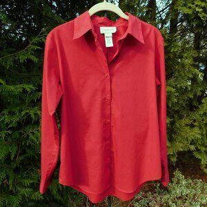 Chaps Red Cotton Buttondown Top with Rounded Hem